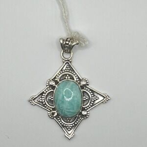 Sterling Silver Amazonite Pendant Oval Cabochon Gemstone Vintage Style 925